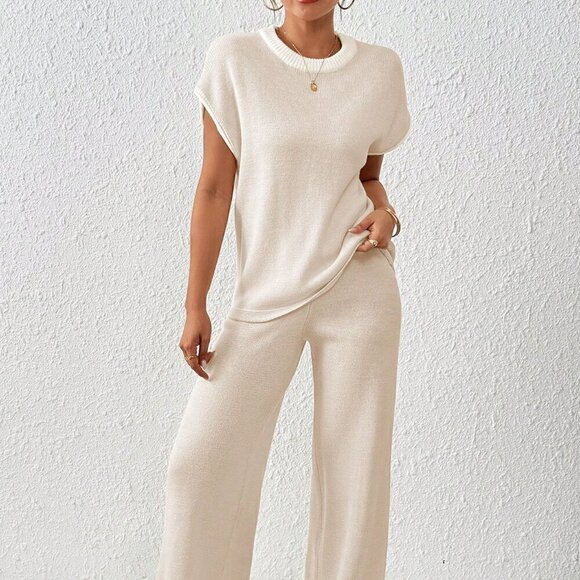 Apricot Casual Women's Loose-Fit Color Block Knitwear Set With Drawstring Hem - Picture 5 of 7